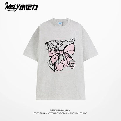 NELY Little Nelly Letter Bowknot Cherry Print Short-sleeved T-shirt Summer College Style Cotton T-shirt Trendy Men and Women