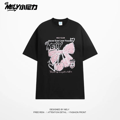 NELY Little Nelly Letter Bowknot Cherry Print Short-sleeved T-shirt Summer College Style Cotton T-shirt Trendy Men and Women
