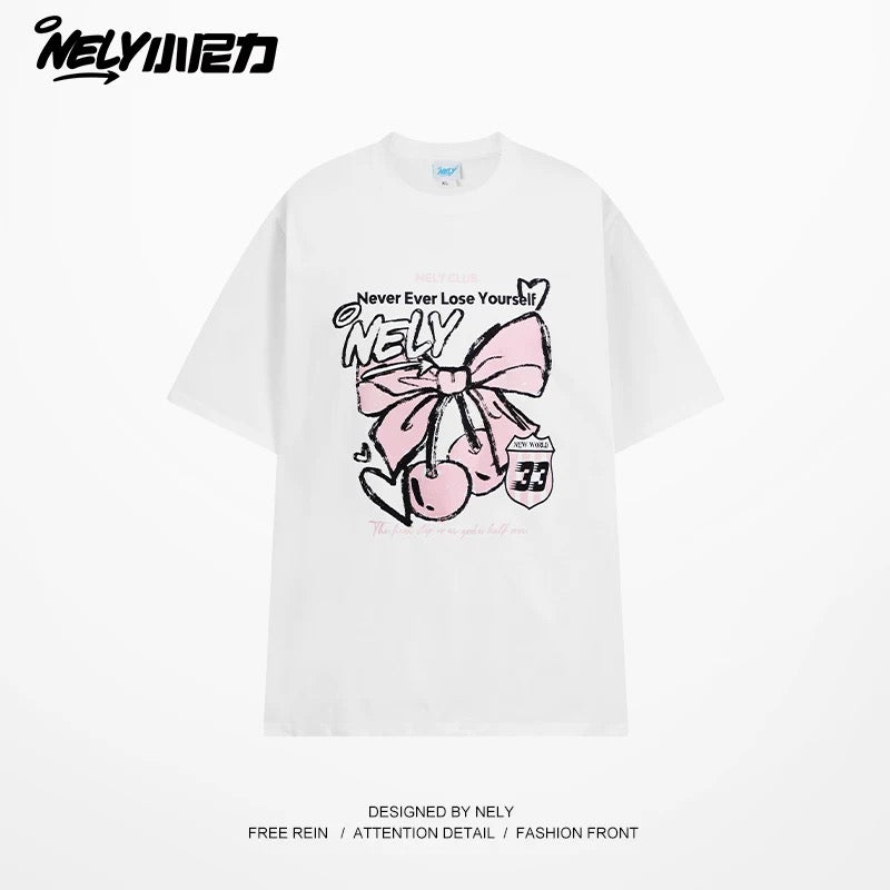 NELY Little Nelly Letter Bowknot Cherry Print Short-sleeved T-shirt Summer College Style Cotton T-shirt Trendy Men and Women