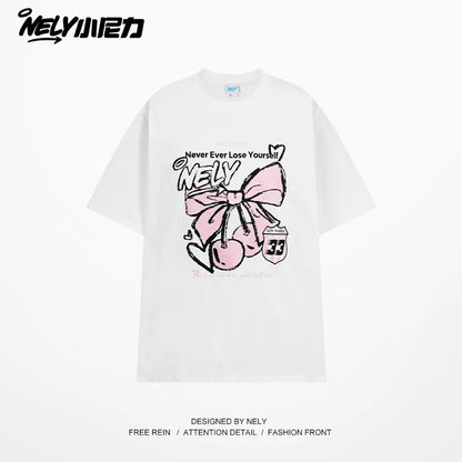 NELY Little Nelly Letter Bowknot Cherry Print Short-sleeved T-shirt Summer College Style Cotton T-shirt Trendy Men and Women