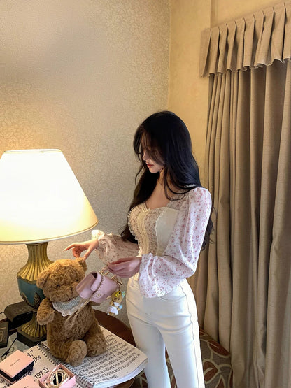 OYFF Fanfan is here! [Spring Dream Knit] French Apricot Floral Shirt, Slim Fit Short Top