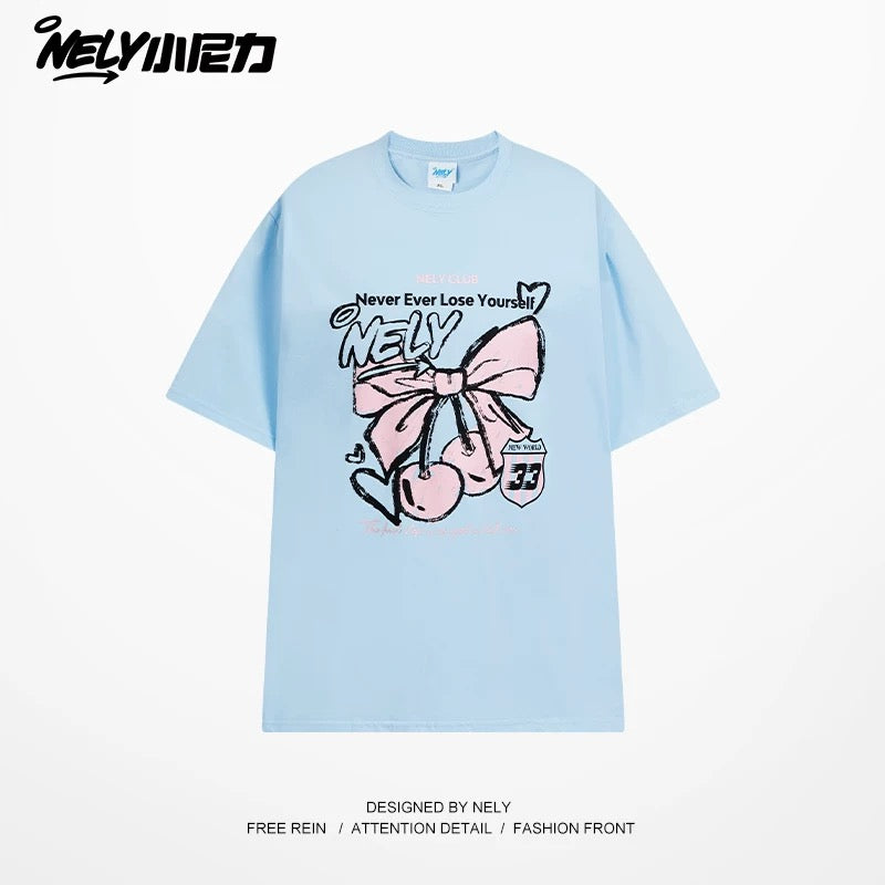 NELY Little Nelly Letter Bowknot Cherry Print Short-sleeved T-shirt Summer College Style Cotton T-shirt Trendy Men and Women