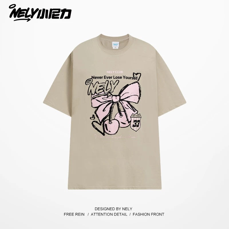NELY Little Nelly Letter Bowknot Cherry Print Short-sleeved T-shirt Summer College Style Cotton T-shirt Trendy Men and Women