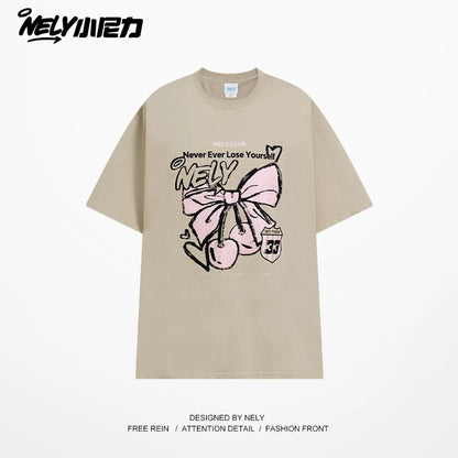 NELY Little Nelly Letter Bowknot Cherry Print Short-sleeved T-shirt Summer College Style Cotton T-shirt Trendy Men and Women