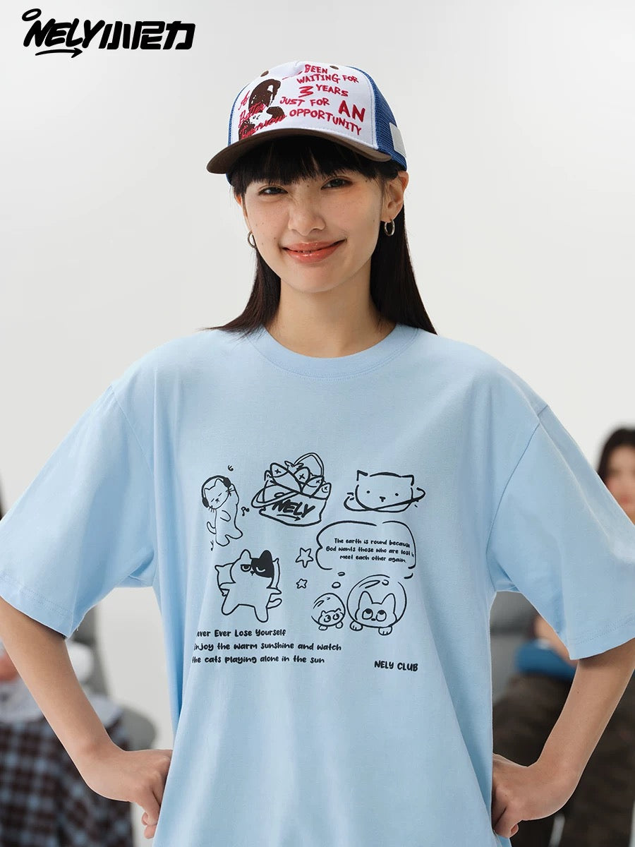 NELY Little Nili Tide Brand Cartoon Cat Print Short Sleeve T-shirt Men and Women Summer 2025 New National Tide Loose Top