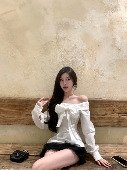 OYFF Fanfan is here! [Particle Nebula] White Off-Shoulder Tie-Waist Bow Shirt, Autumn Long-Sleeve Shirt