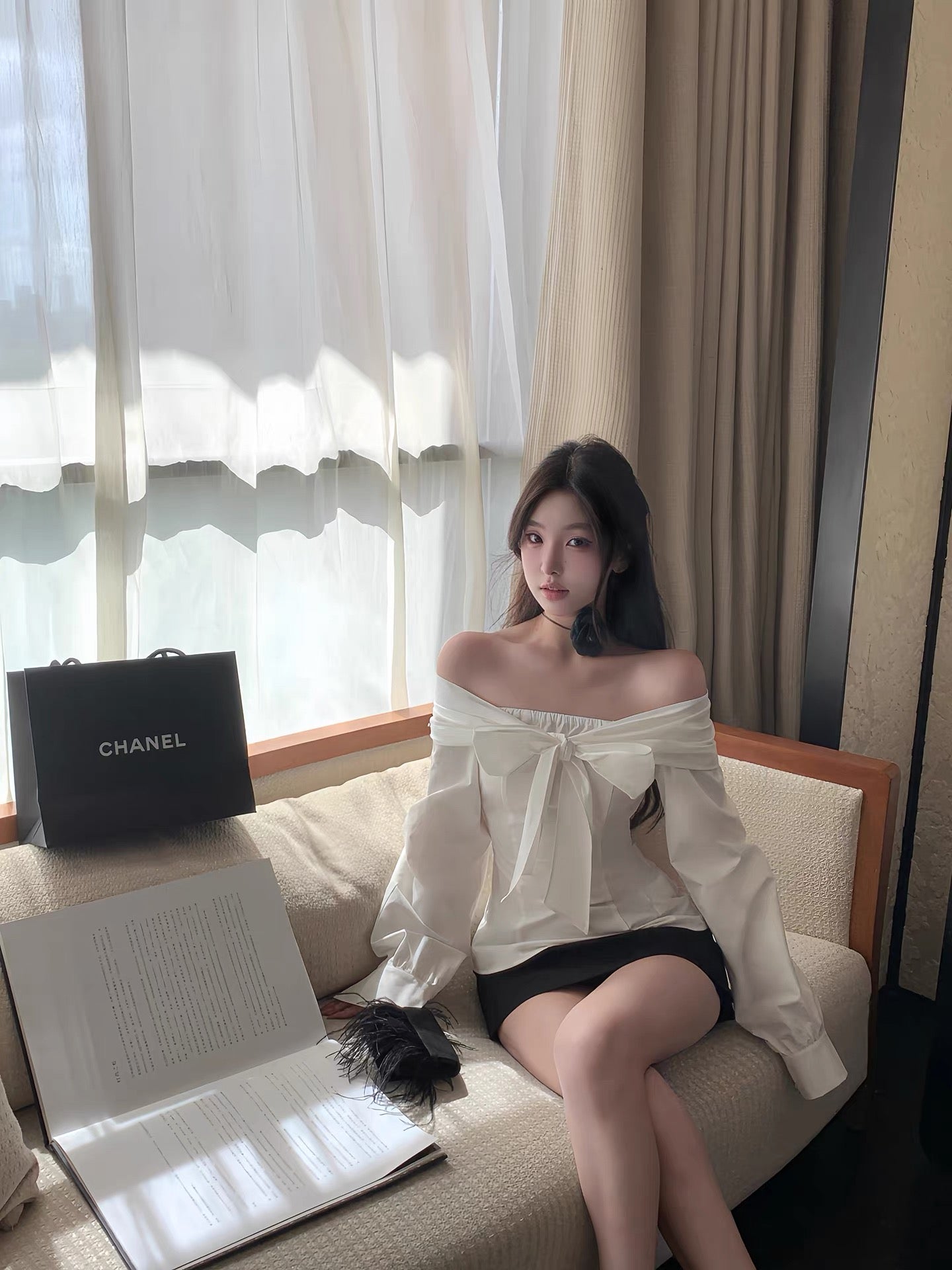 OYFF Fanfan is here! [Particle Nebula] White Off-Shoulder Tie-Waist Bow Shirt, Autumn Long-Sleeve Shirt
