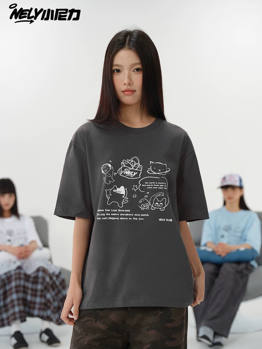 NELY Little Nili Tide Brand Cartoon Cat Print Short Sleeve T-shirt Men and Women Summer 2025 New National Tide Loose Top