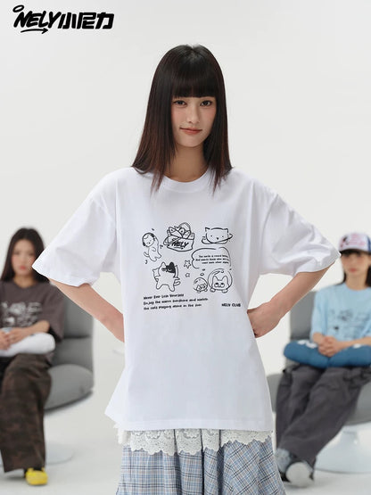 NELY Little Nili Tide Brand Cartoon Cat Print Short Sleeve T-shirt Men and Women Summer 2025 New National Tide Loose Top