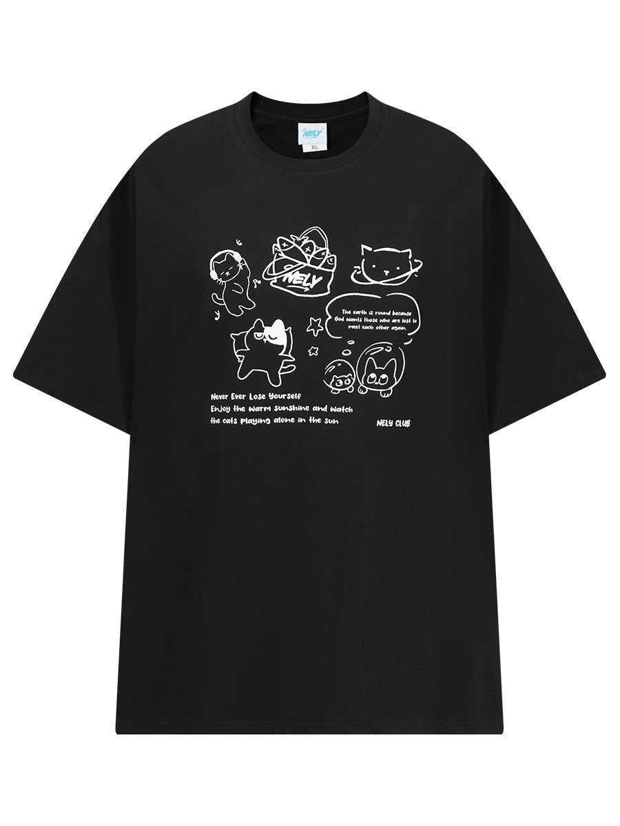 NELY Little Nili Tide Brand Cartoon Cat Print Short Sleeve T-shirt Men and Women Summer 2025 New National Tide Loose Top
