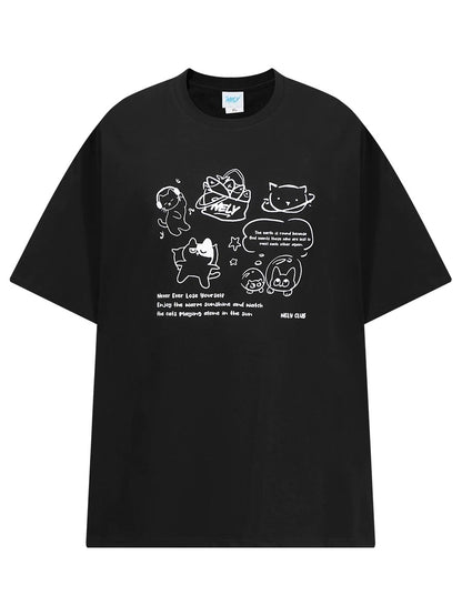 NELY Little Nili Tide Brand Cartoon Cat Print Short Sleeve T-shirt Men and Women Summer 2025 New National Tide Loose Top