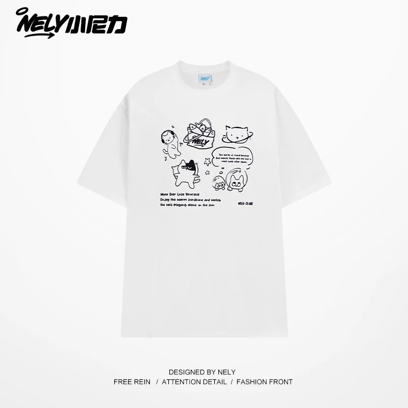 NELY Little Nili Tide Brand Cartoon Cat Print Short Sleeve T-shirt Men and Women Summer 2025 New National Tide Loose Top