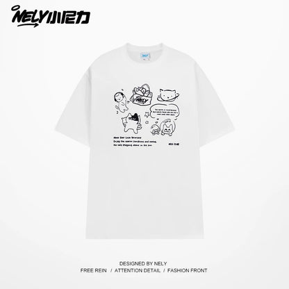 NELY Little Nili Tide Brand Cartoon Cat Print Short Sleeve T-shirt Men and Women Summer 2025 New National Tide Loose Top