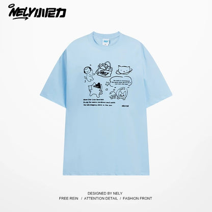 NELY Little Nili Tide Brand Cartoon Cat Print Short Sleeve T-shirt Men and Women Summer 2025 New National Tide Loose Top