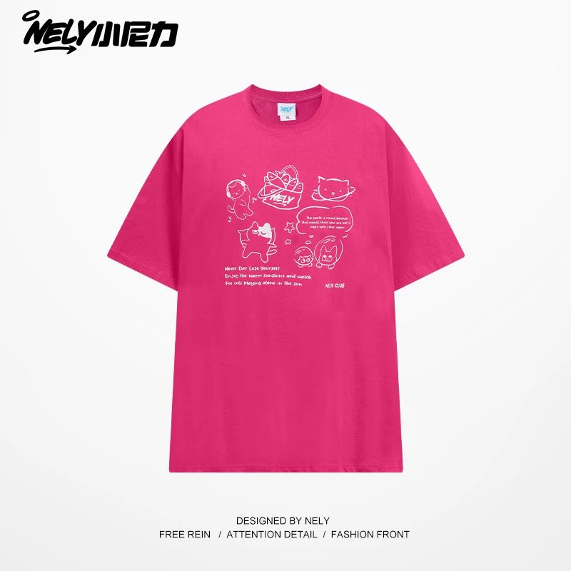 NELY Little Nili Tide Brand Cartoon Cat Print Short Sleeve T-shirt Men and Women Summer 2025 New National Tide Loose Top