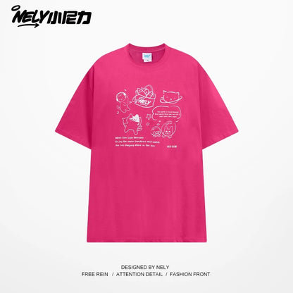 NELY Little Nili Tide Brand Cartoon Cat Print Short Sleeve T-shirt Men and Women Summer 2025 New National Tide Loose Top