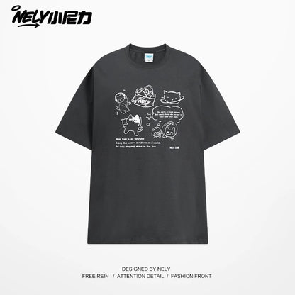 NELY Little Nili Tide Brand Cartoon Cat Print Short Sleeve T-shirt Men and Women Summer 2025 New National Tide Loose Top