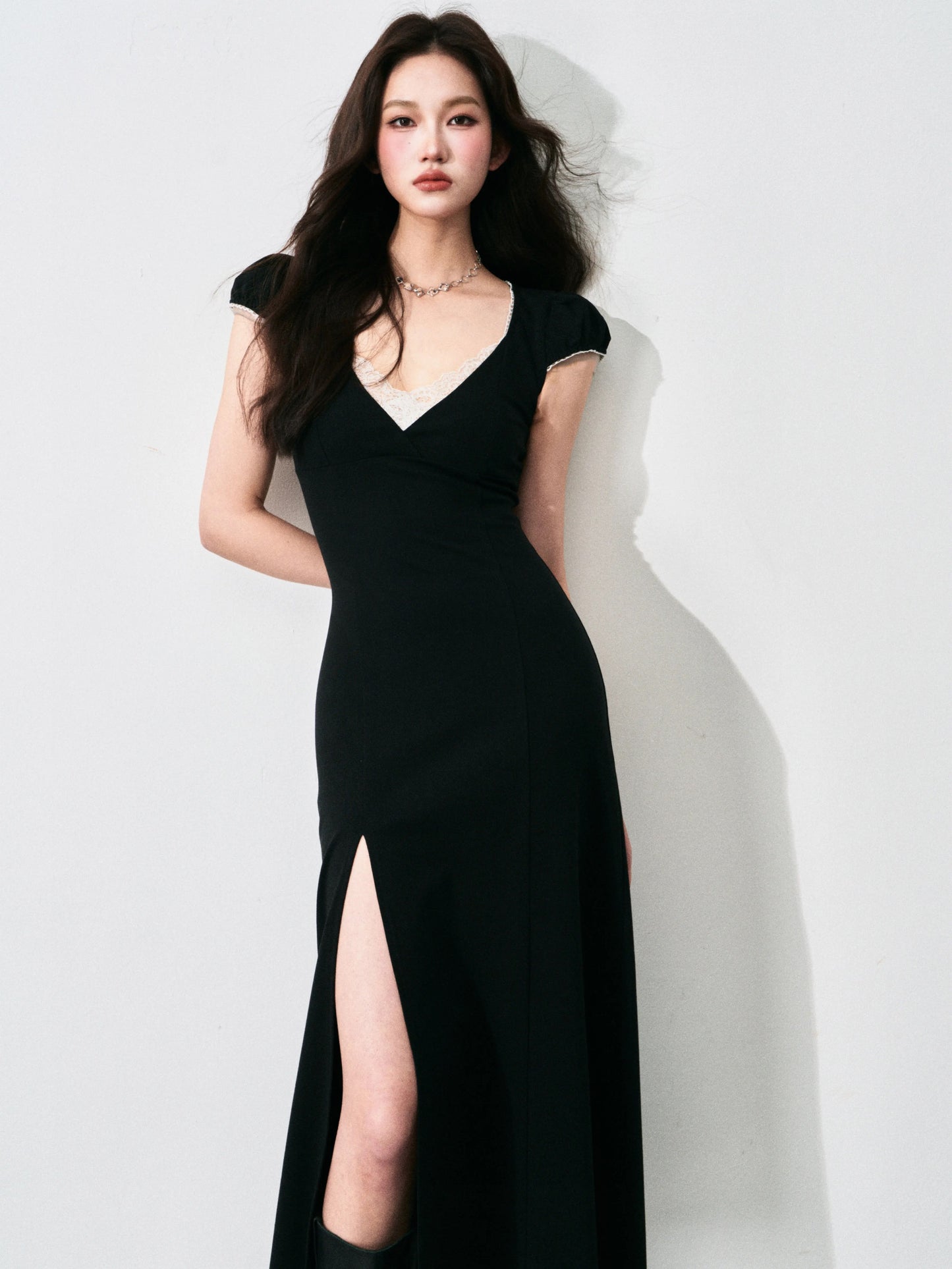 LULUSWINGS Court Style Retro V-Neck Lace Patchwork Dress for Women, Summer Slim Fit and Slit Maxi Dress