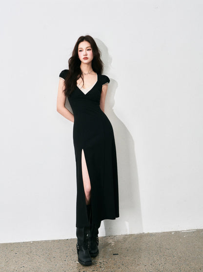 LULUSWINGS Court Style Retro V-Neck Lace Patchwork Dress for Women, Summer Slim Fit and Slit Maxi Dress