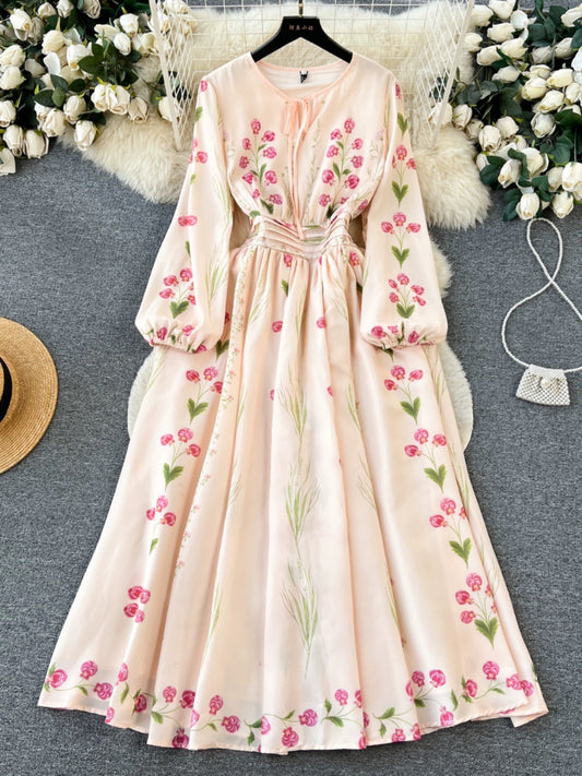 Noble temperament long-sleeved positioning printed waist-length dress with wide swing for women, high-end slimming retro French long skirt
