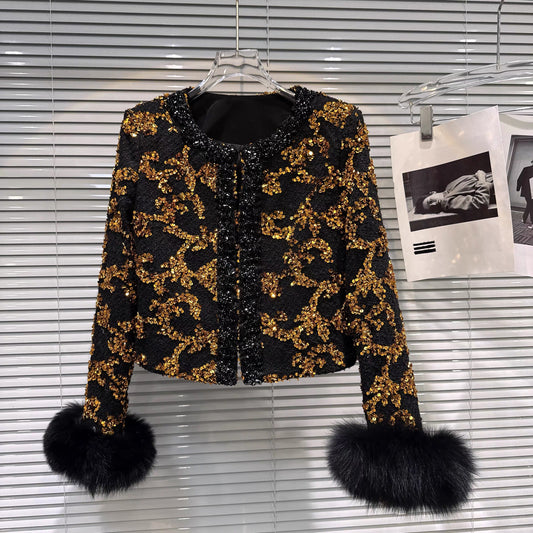 Popular online style, 2025 winter new style, light luxury elegant fox fur sleeve sequin embroidered tweed short jacket top