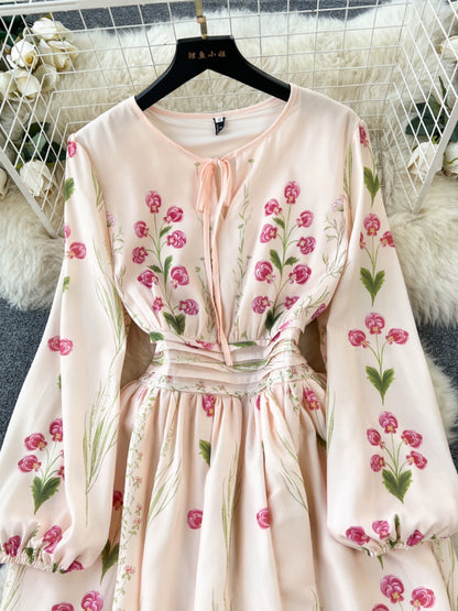 Noble temperament long-sleeved positioning printed waist-length dress with wide swing for women, high-end slimming retro French long skirt