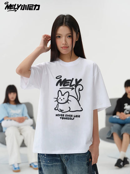 NELY American design LOGO cute cat short-sleeved men and women summer pure cotton all-match T-shirt half-sleeve