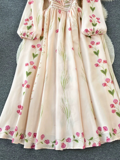 Noble temperament long-sleeved positioning printed waist-length dress with wide swing for women, high-end slimming retro French long skirt