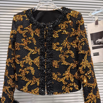 Popular online style, 2025 winter new style, light luxury elegant fox fur sleeve sequin embroidered tweed short jacket top