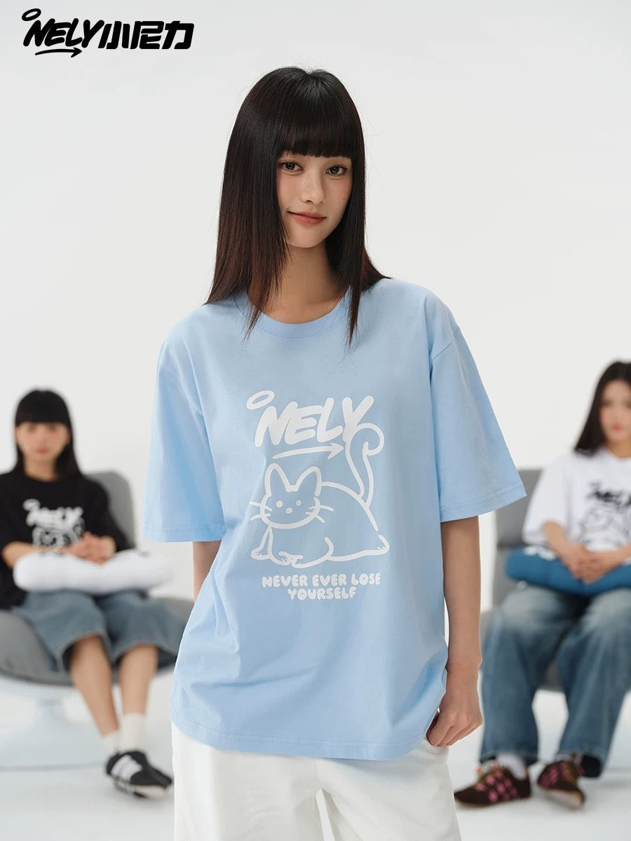 NELY American design LOGO cute cat short-sleeved men and women summer pure cotton all-match T-shirt half-sleeve