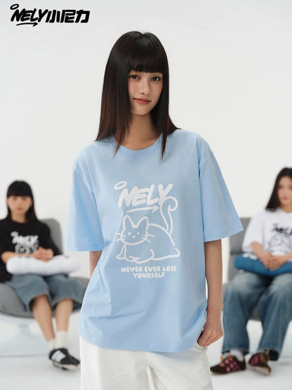 NELY American design LOGO cute cat short-sleeved men and women summer pure cotton all-match T-shirt half-sleeve