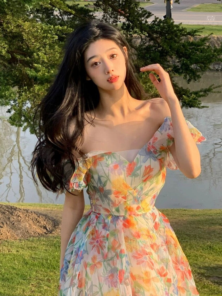 Sanya travel clothes, beach skirt, super fairy seaside vacation skirt, floral photo shoot, big swing, elegant long skirt