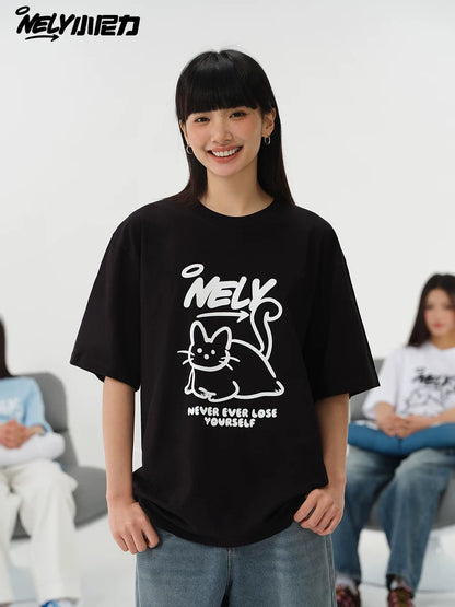 NELY American design LOGO cute cat short-sleeved men and women summer pure cotton all-match T-shirt half-sleeve