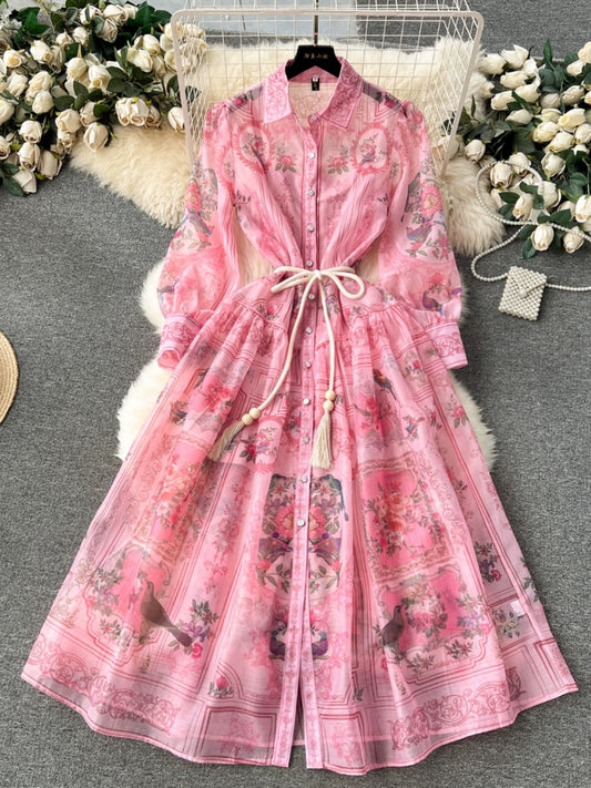 European palace style dress, spring dress for women, retro print, slim long, high-end and temperament dress for women