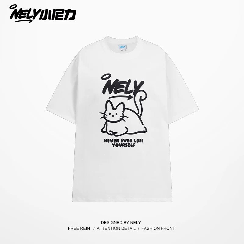 NELY American design LOGO cute cat short-sleeved men and women summer pure cotton all-match T-shirt half-sleeve