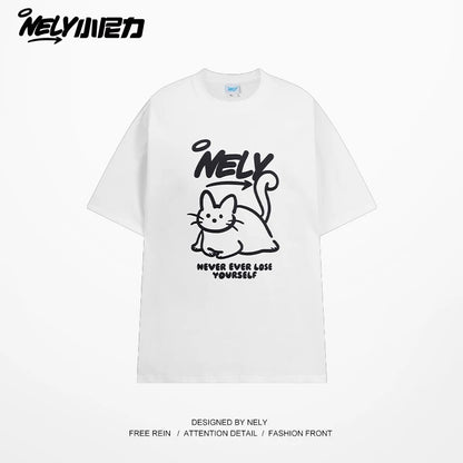 NELY American design LOGO cute cat short-sleeved men and women summer pure cotton all-match T-shirt half-sleeve