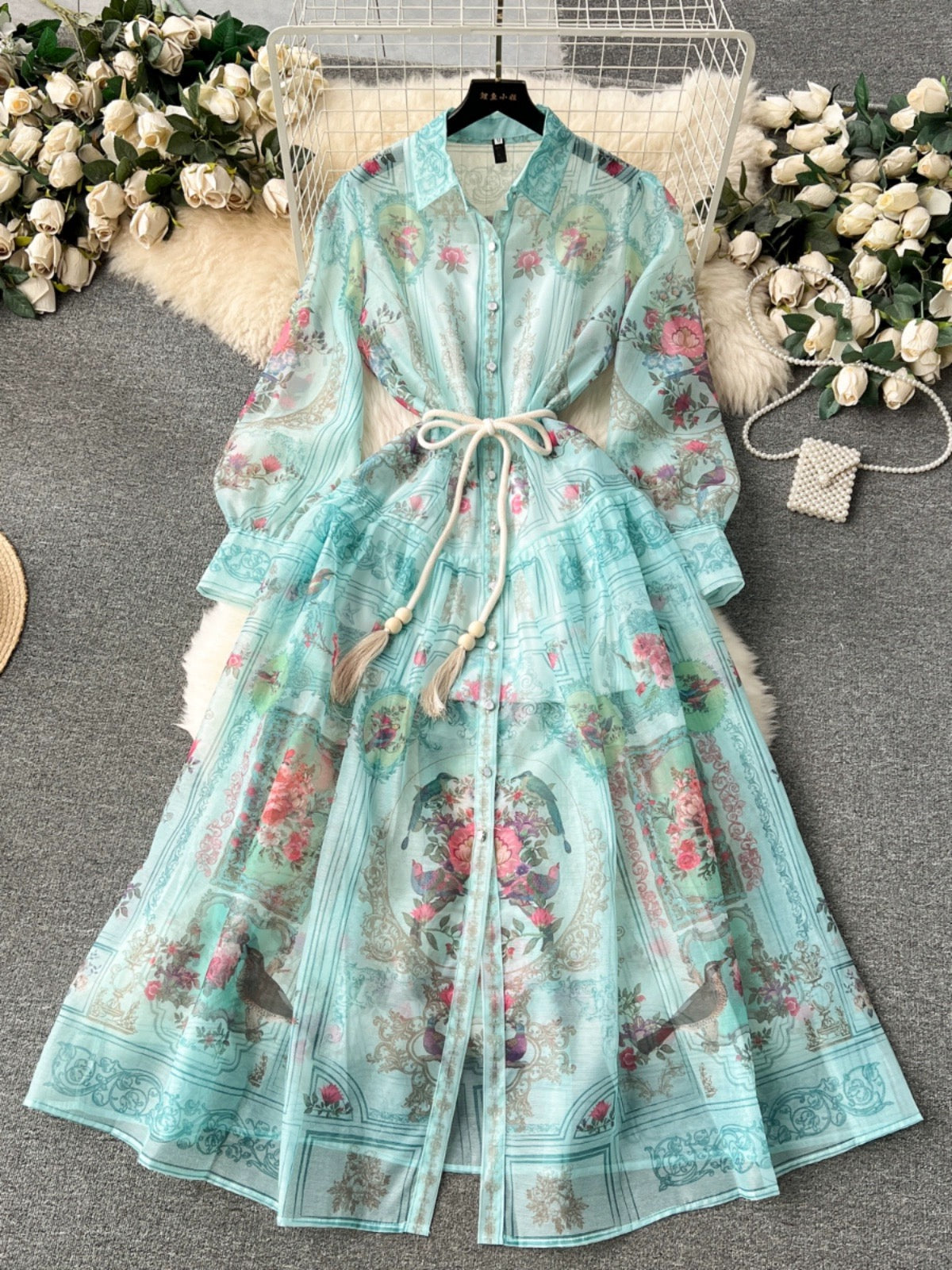 European palace style dress, spring dress for women, retro print, slim long, high-end and temperament dress for women