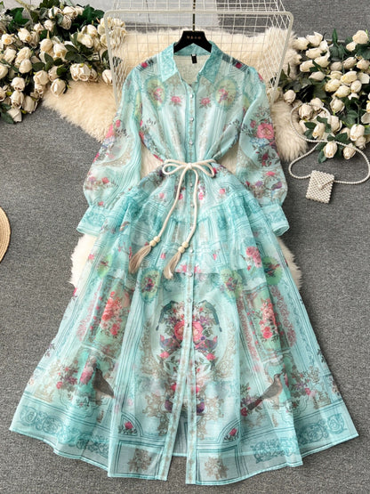 European palace style dress, spring dress for women, retro print, slim long, high-end and temperament dress for women