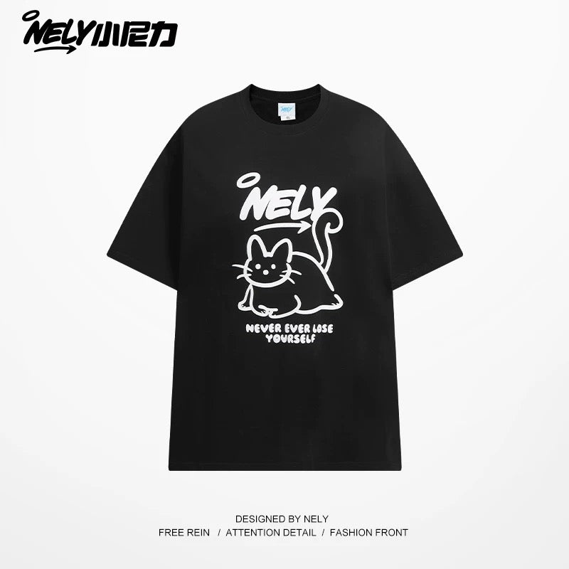 NELY American design LOGO cute cat short-sleeved men and women summer pure cotton all-match T-shirt half-sleeve