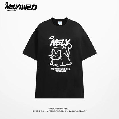 NELY American design LOGO cute cat short-sleeved men and women summer pure cotton all-match T-shirt half-sleeve