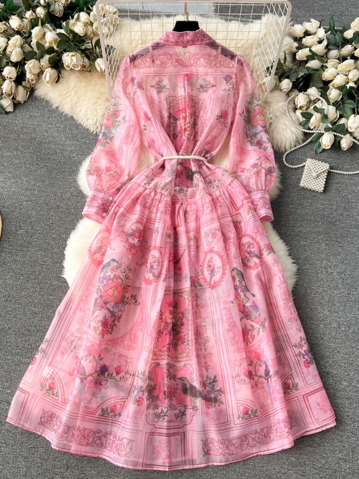 European palace style dress, spring dress for women, retro print, slim long, high-end and temperament dress for women