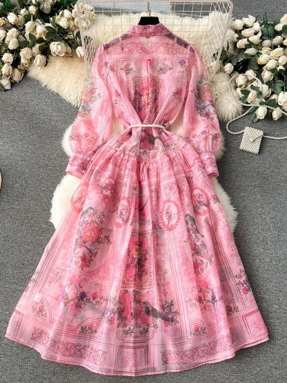 European palace style dress, spring dress for women, retro print, slim long, high-end and temperament dress for women