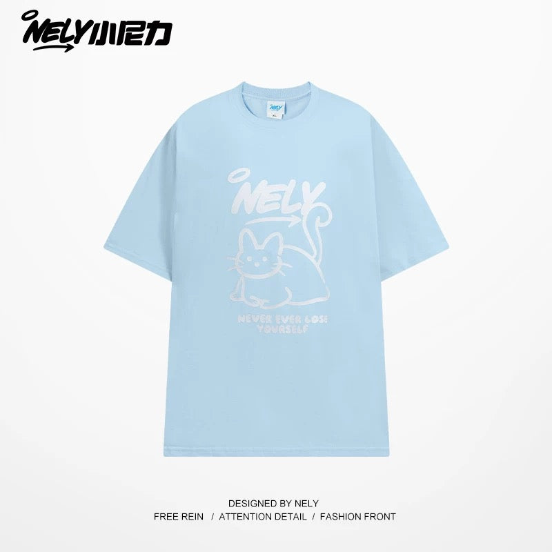 NELY American design LOGO cute cat short-sleeved men and women summer pure cotton all-match T-shirt half-sleeve