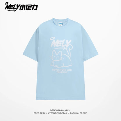 NELY American design LOGO cute cat short-sleeved men and women summer pure cotton all-match T-shirt half-sleeve