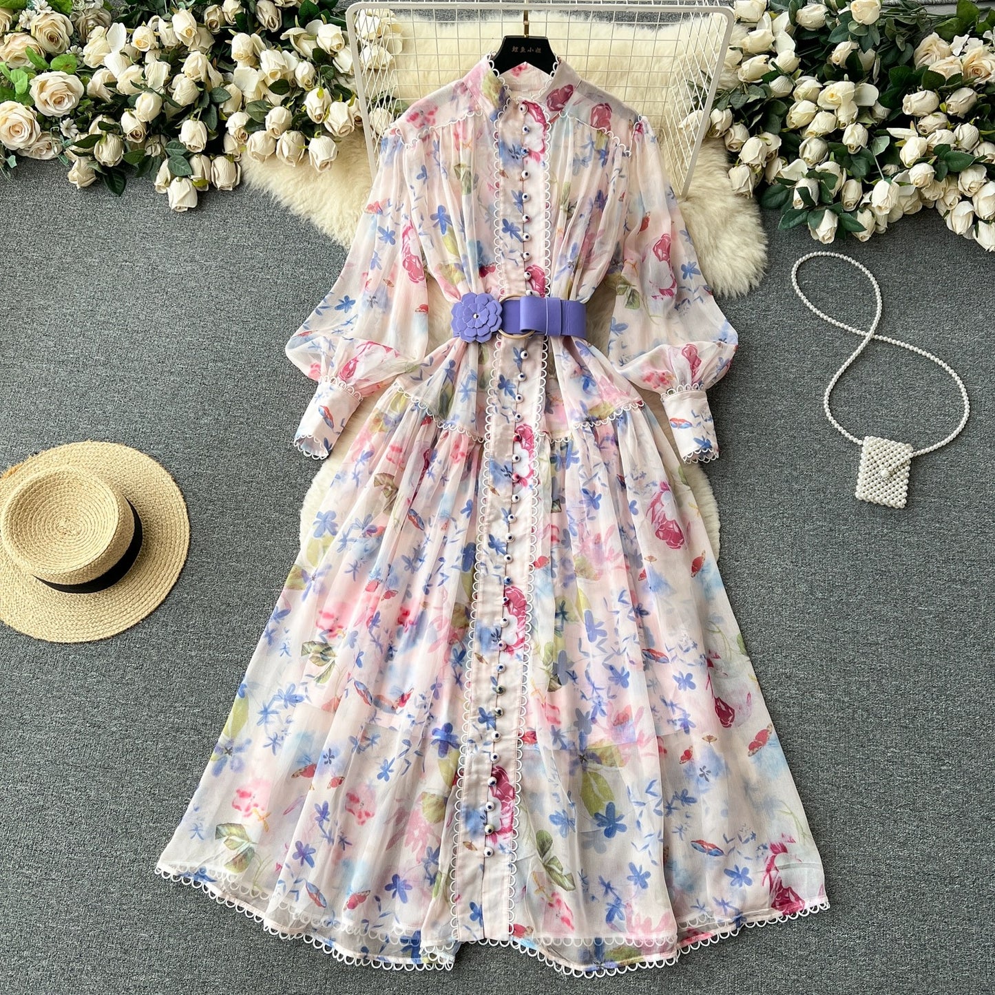 French style high-end stand-up collar lantern long-sleeved floral dress for women with lace-up waist and large hem chiffon fairy skirt