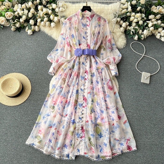French style high-end stand-up collar lantern long-sleeved floral dress for women with lace-up waist and large hem chiffon fairy skirt