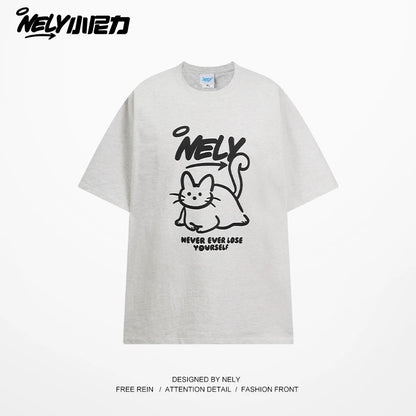 NELY American design LOGO cute cat short-sleeved men and women summer pure cotton all-match T-shirt half-sleeve