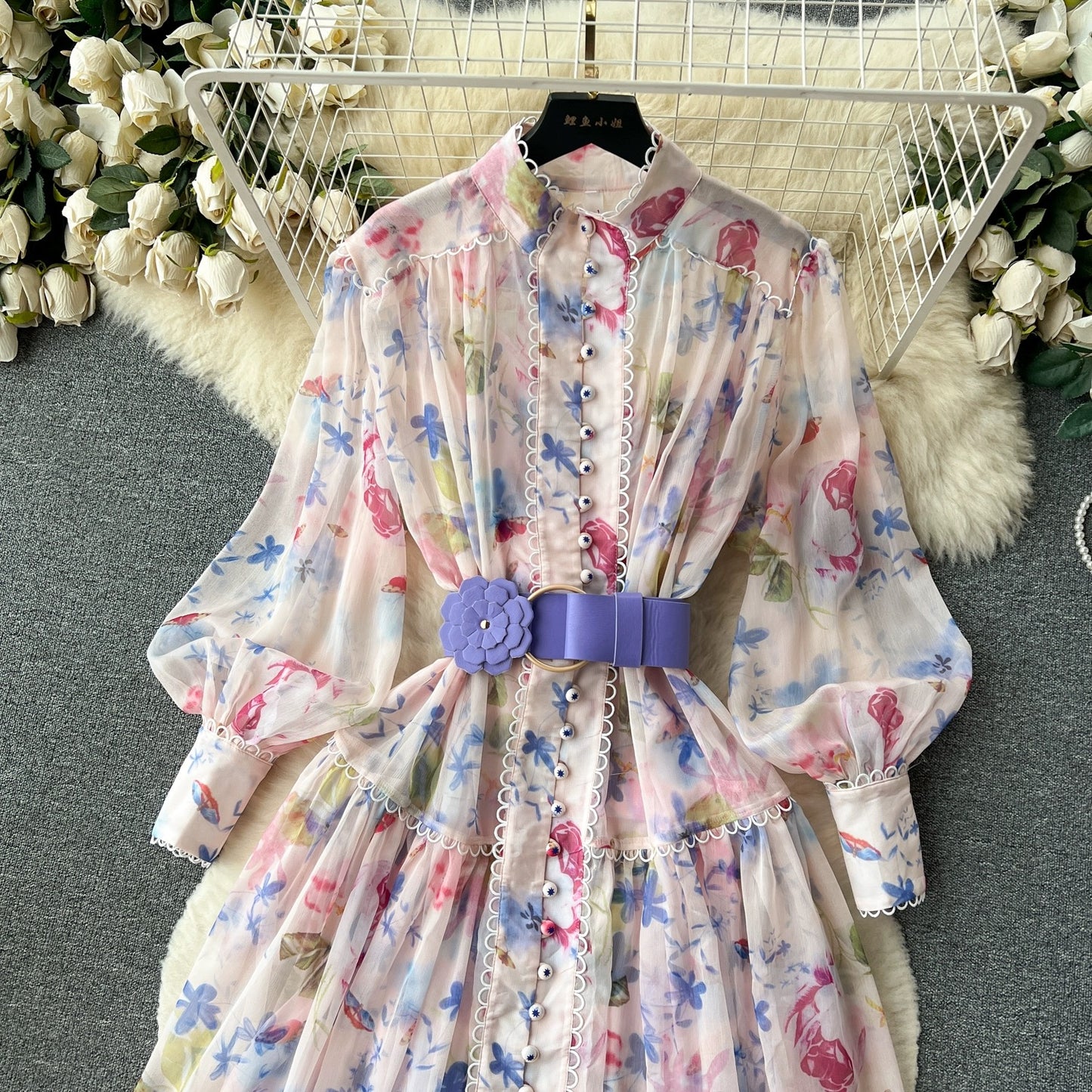 French style high-end stand-up collar lantern long-sleeved floral dress for women with lace-up waist and large hem chiffon fairy skirt