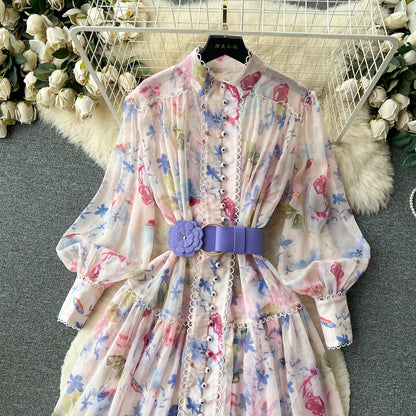 French style high-end stand-up collar lantern long-sleeved floral dress for women with lace-up waist and large hem chiffon fairy skirt