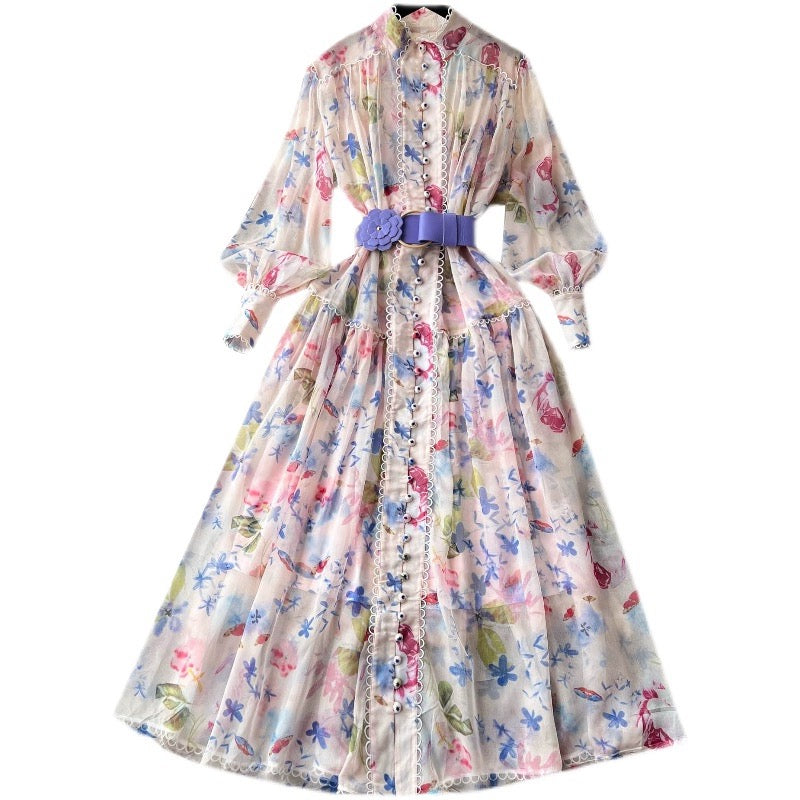 French style high-end stand-up collar lantern long-sleeved floral dress for women with lace-up waist and large hem chiffon fairy skirt